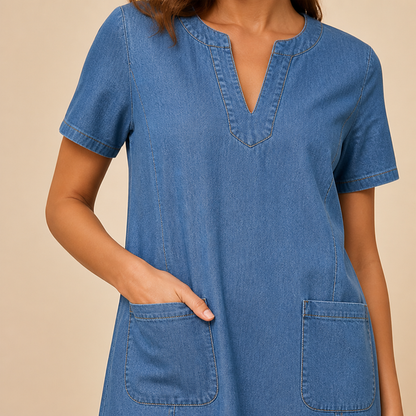 VarelaChic – Relaxed V-Neck Denim Shift Dress with Pockets | ribuella