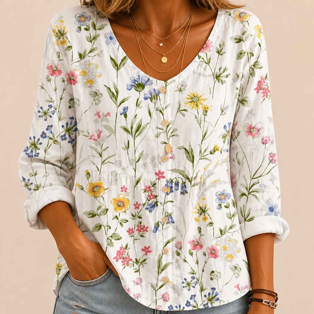 SerenLuxe – Breezy Cotton-Linen Floral Shirt with V-Neck | ribuella