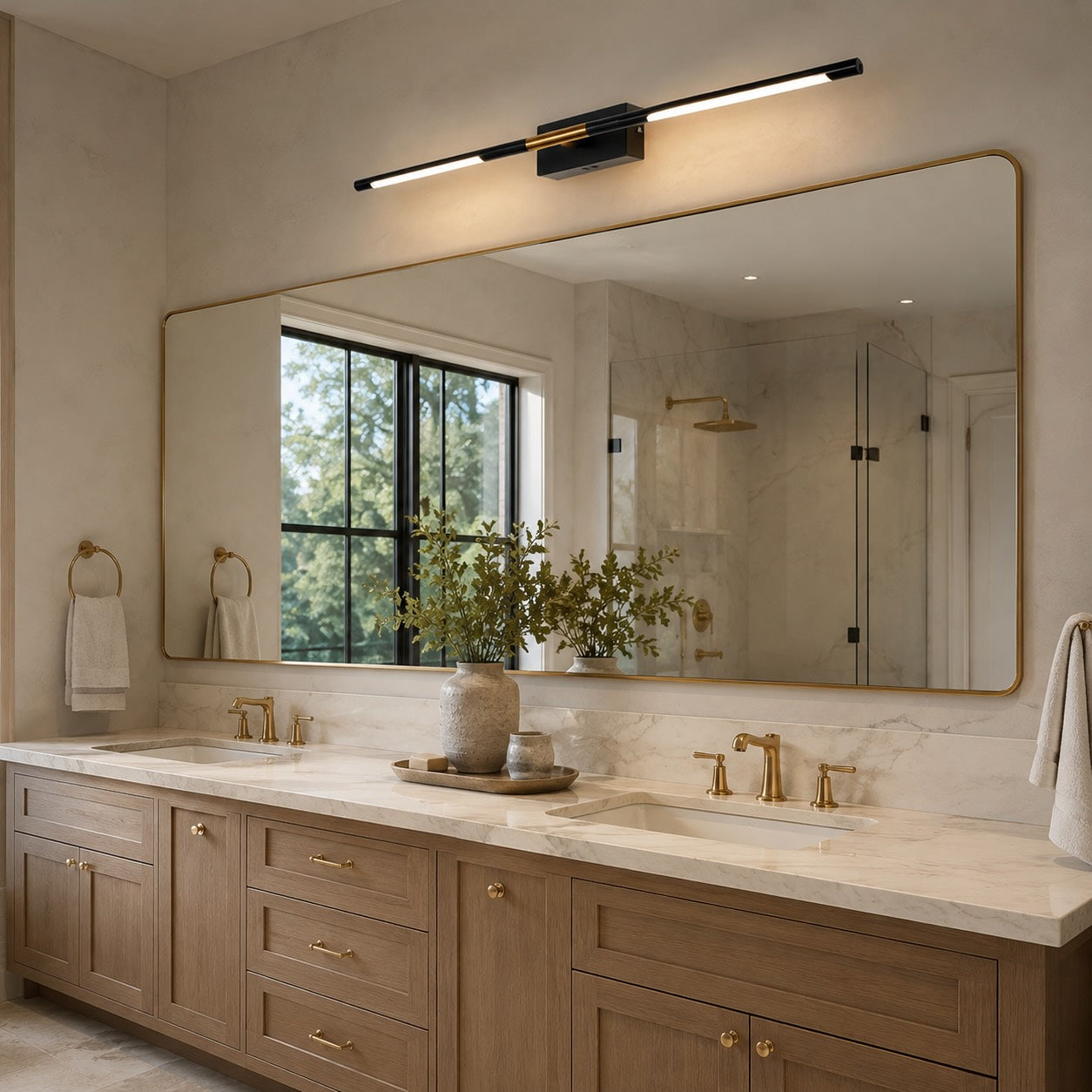 Barre lumineuse moderne pour meuble de salle de bains, fixation murale, structure noire en acrylique avec LED pour un éclairage doux | ribuella
