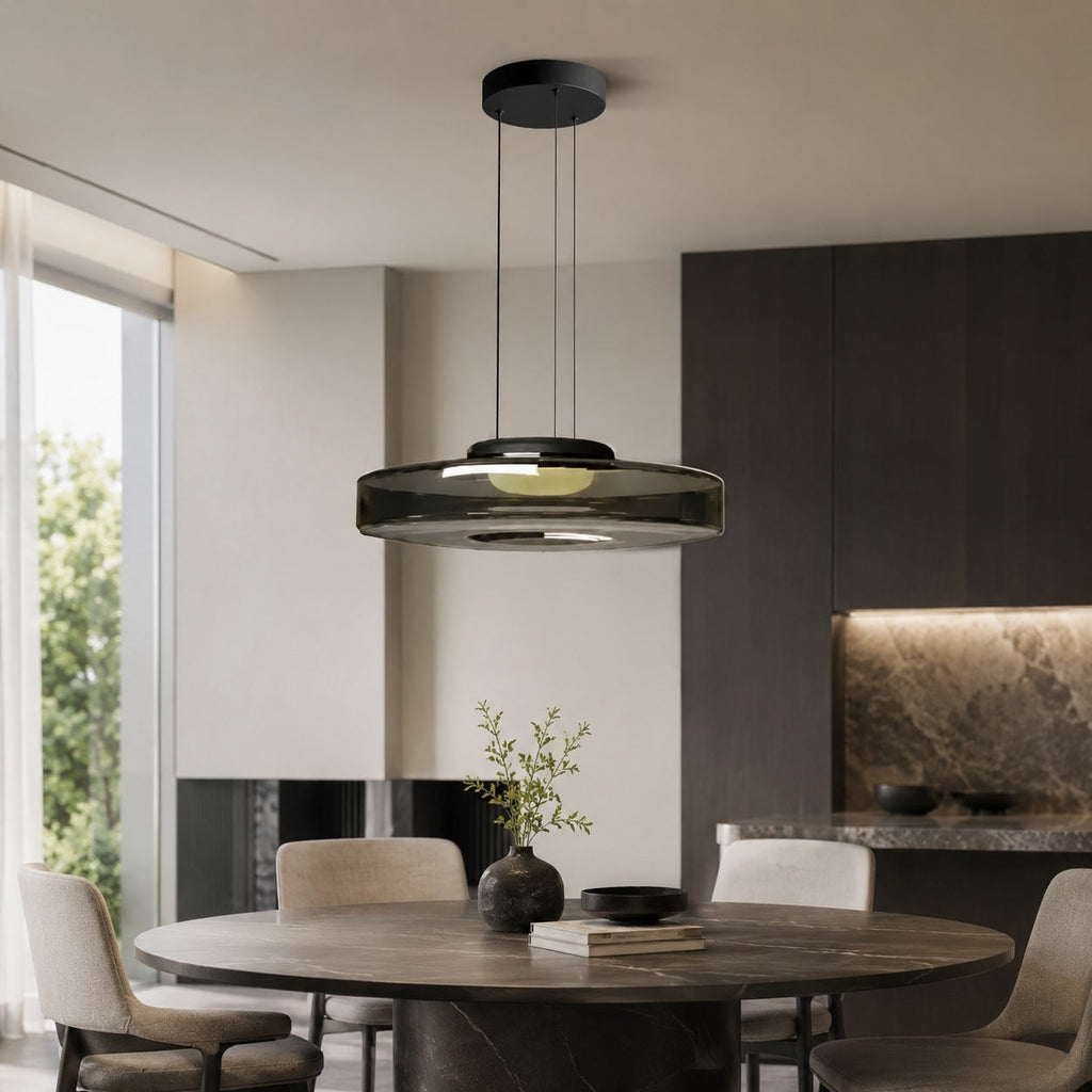 Modern Glass Pendant Light Hanging Fixture with Adjustable Height Dimmable LED and Iron Finish | ribuella