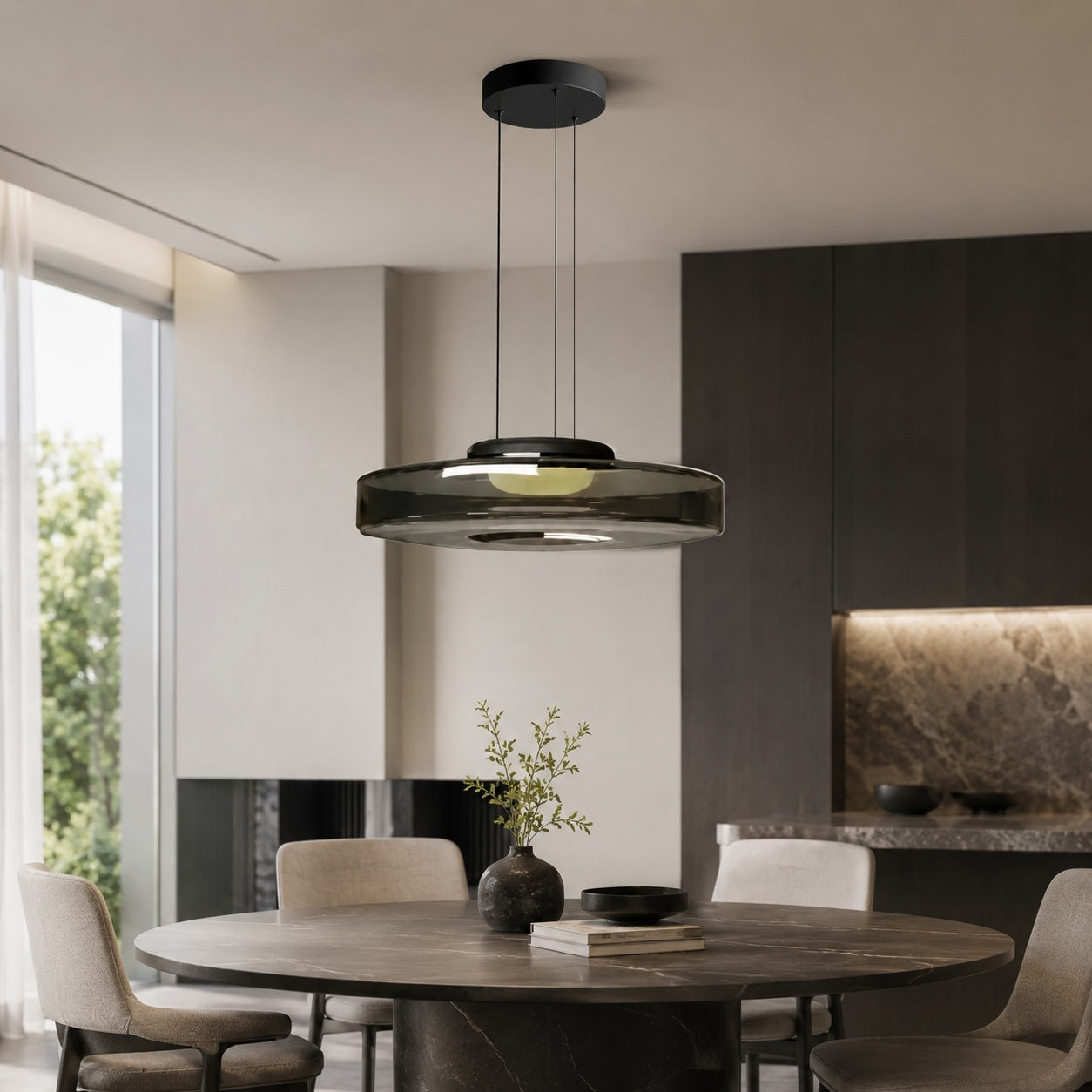 Modern Glass Pendant Light Hanging Fixture with Adjustable Height Dimmable LED and Iron Finish | ribuella