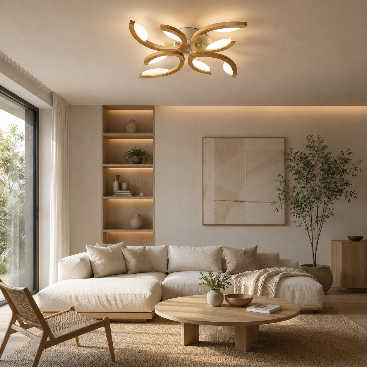 Moderní přisazené stropní LED svítidlo ve tvaru listu z přírodního dubového dřeva a akrylátu se stmíváním a 3–5 možnostmi osvětlení | ribuella