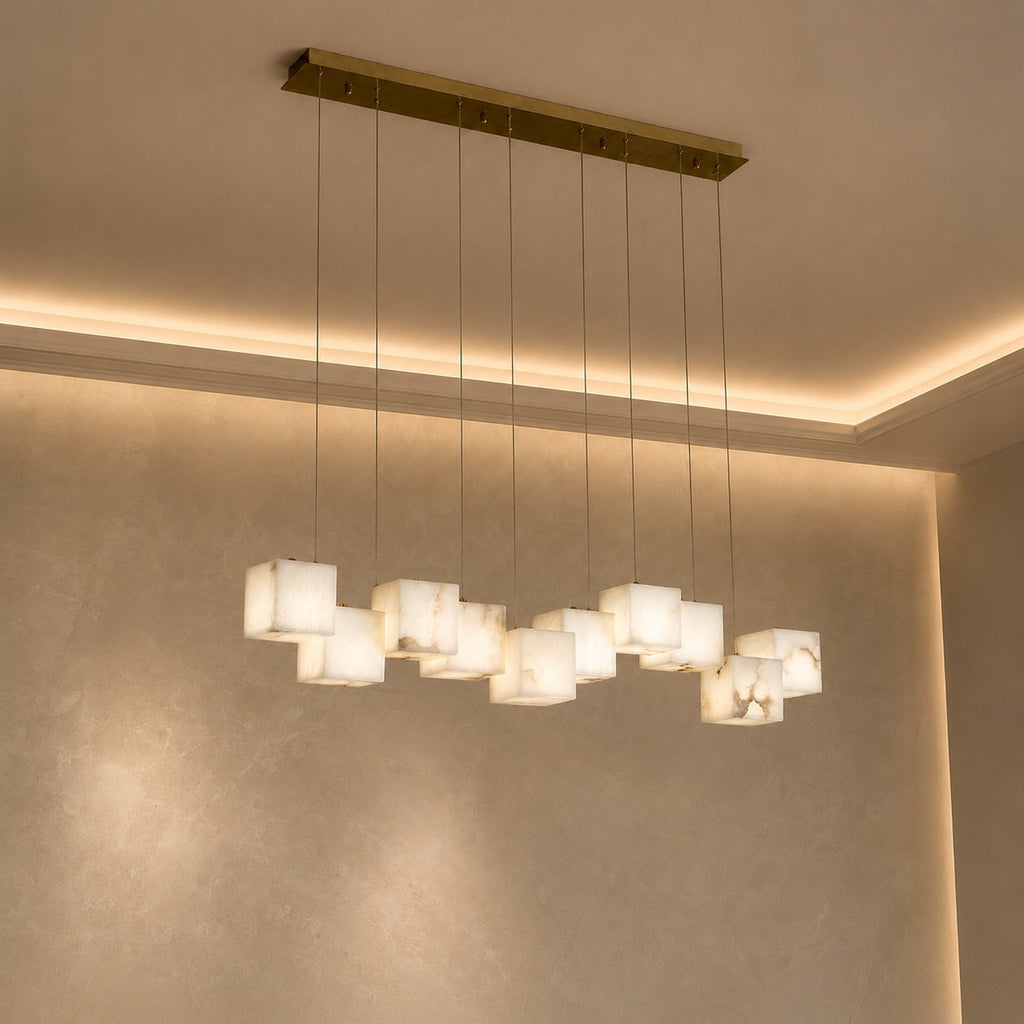 Modern Alabaster Box Pendant Light Hanging Fixture with LED Compatibility and Adjustable Height | ribuella