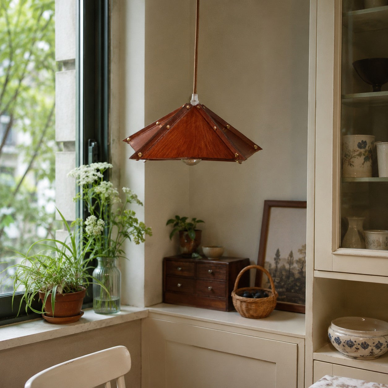 Compact Folded Leather Pendant Lamp, Warm Vintage Glow, Raised Seam Details