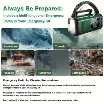 Survival Radio with 10,000 mAh Battery - Solar, Hand Crank & USB-C Charging - LED Torch, SOS Alert & Navigation | ribuella