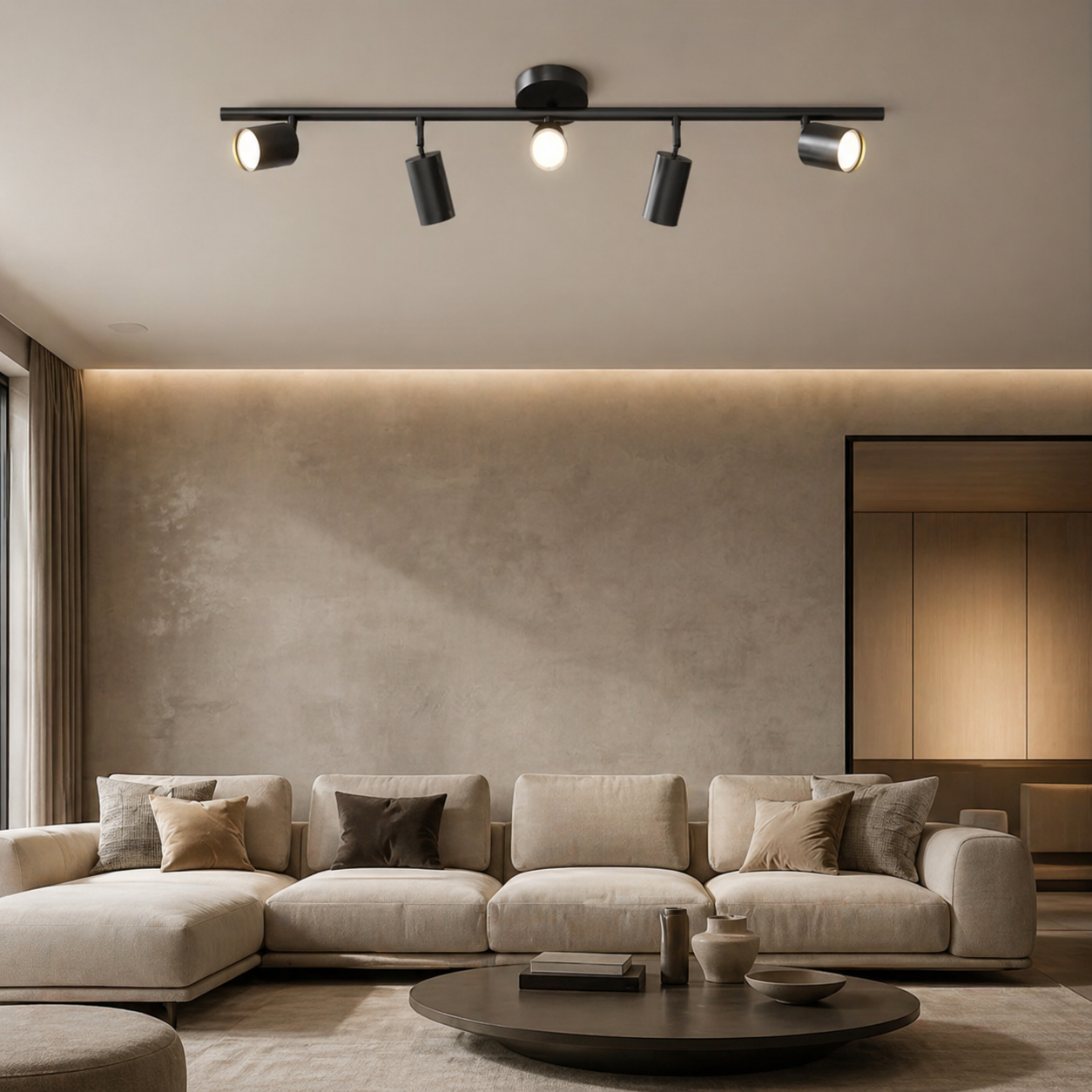Moderne höhenverstellbare Deckenleuchte zur Aufbaumontage aus Metall mit individuell einstellbaren Spotlights | ribuella
