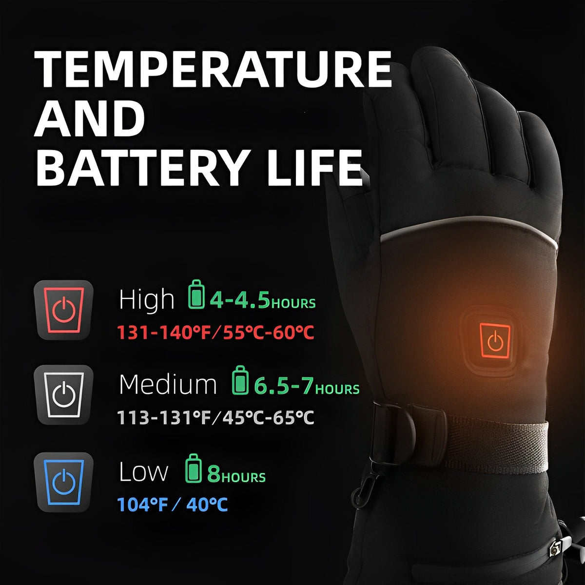 Unisex Thermal Heated Gloves Quick-Heat Button Activated Warmth Control