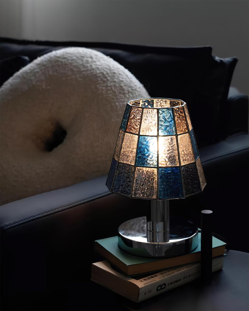 Fun Guy Table Lamp Contemporary Geometric Silhouette In Amber Blue And Clear Colors