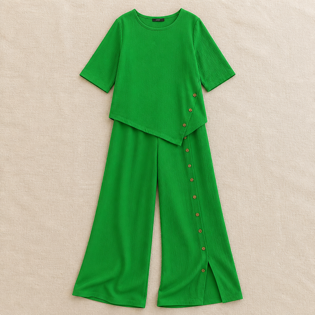 Conjunto SilkaLuxe – Duas peças com toque de linho e corte descontraído, com bainha assimétrica com botões | ribuella