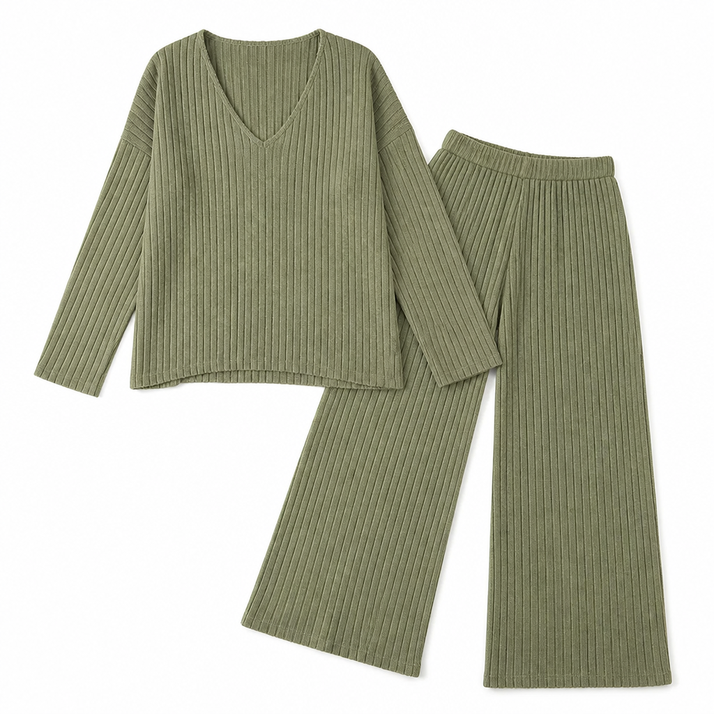 Serelis – Soft Ribbed V-Neck Lounge Set Featuring Wide-Leg Pants | ribuella