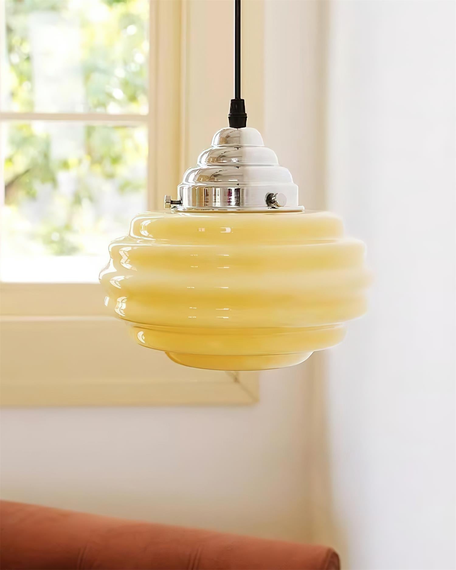 Gelato Pendant Lamp - Tiered Rippled Glass Shade Chrome Cap Red Or Beige