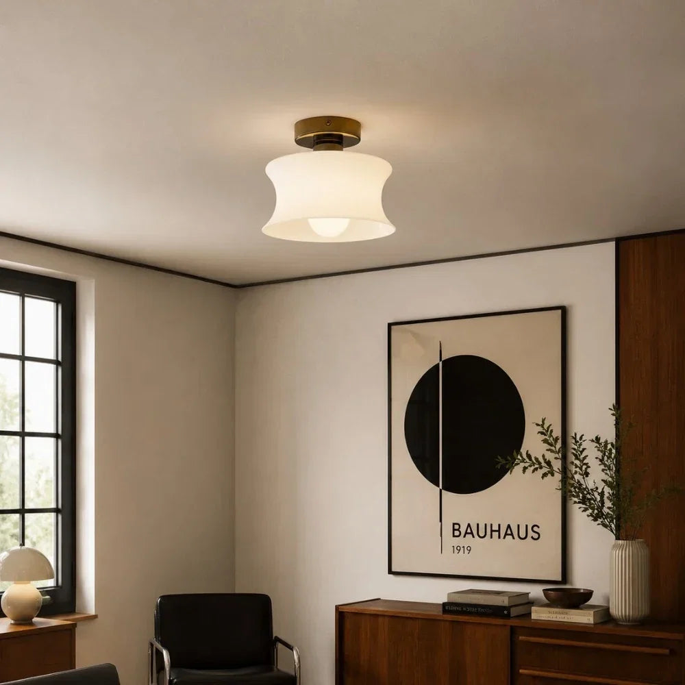 French Bauhaus Glass Flush Mount Ceiling Light 20 Cm Diameter Chrome Canopy