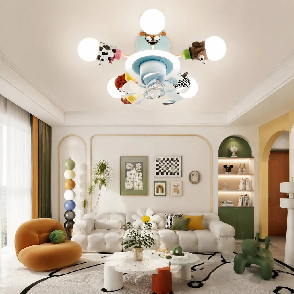 Kids Animal Ceiling Fan Light - Full-Spectrum Lighting, Globe Shades, Transparent Blades