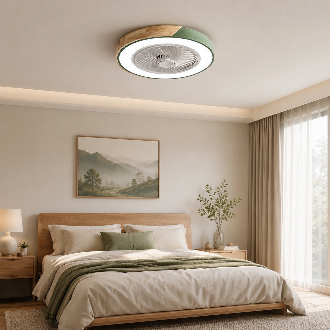 Moderner Deckenventilator ohne Flügel mit Beleuchtung, flache Montage, Eisenrahmen, dimmbare LED mit einstellbarer Farbtemperatur | ribuella