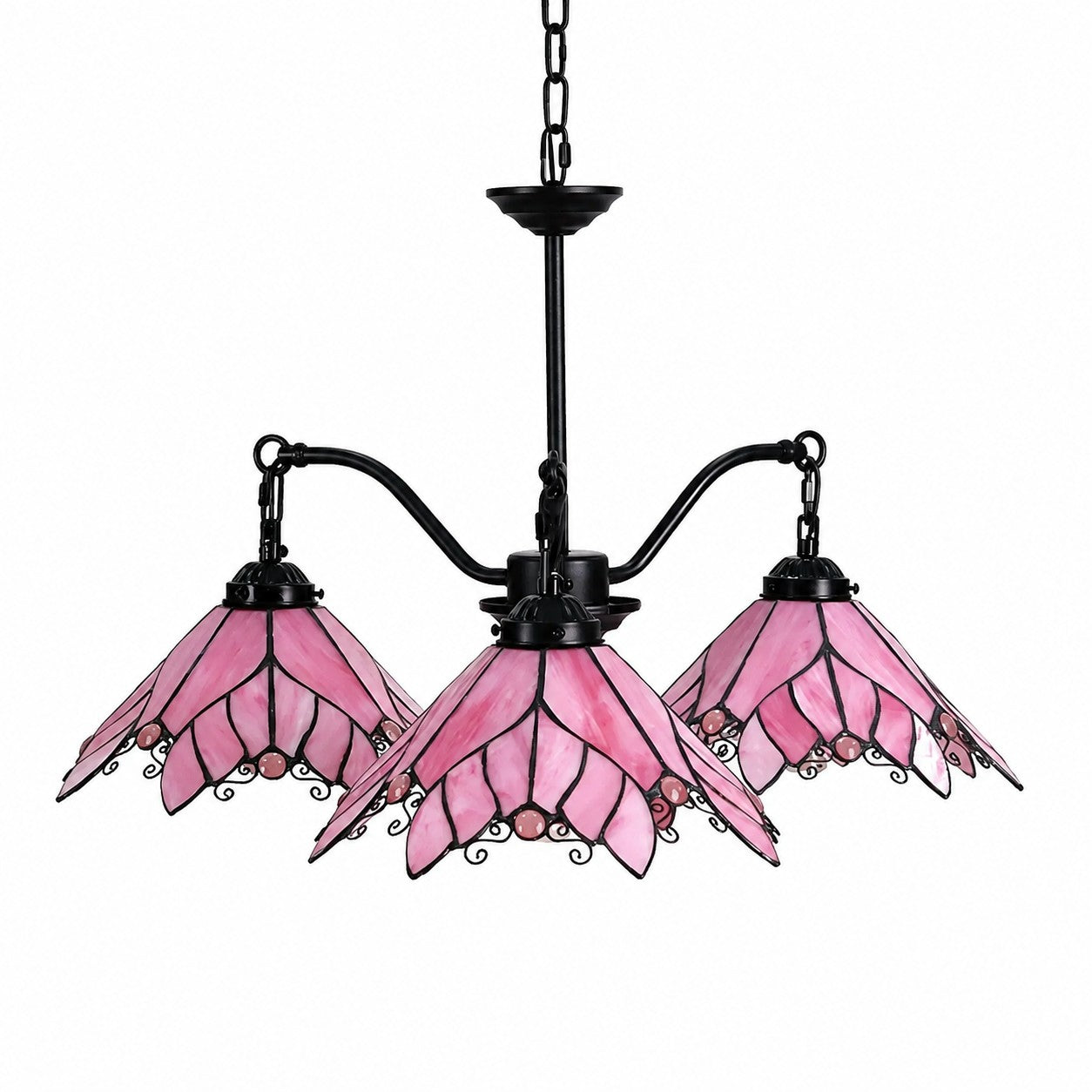 Four-Light Stained Glass Chandelier — Hand-Cut Glass Shades