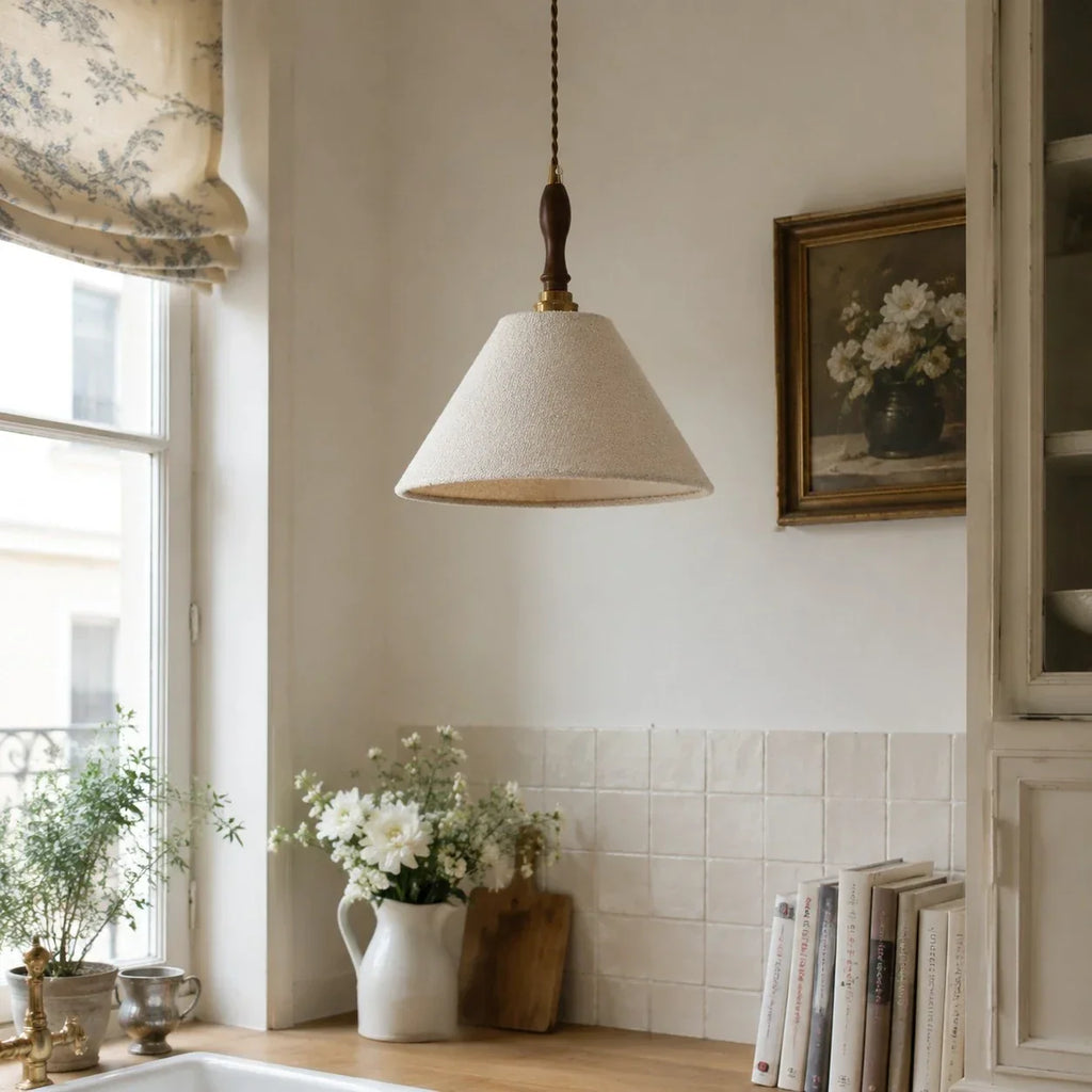 French Vintage Cream Fabric Pendant Light - Woven Texture Ceiling Shade