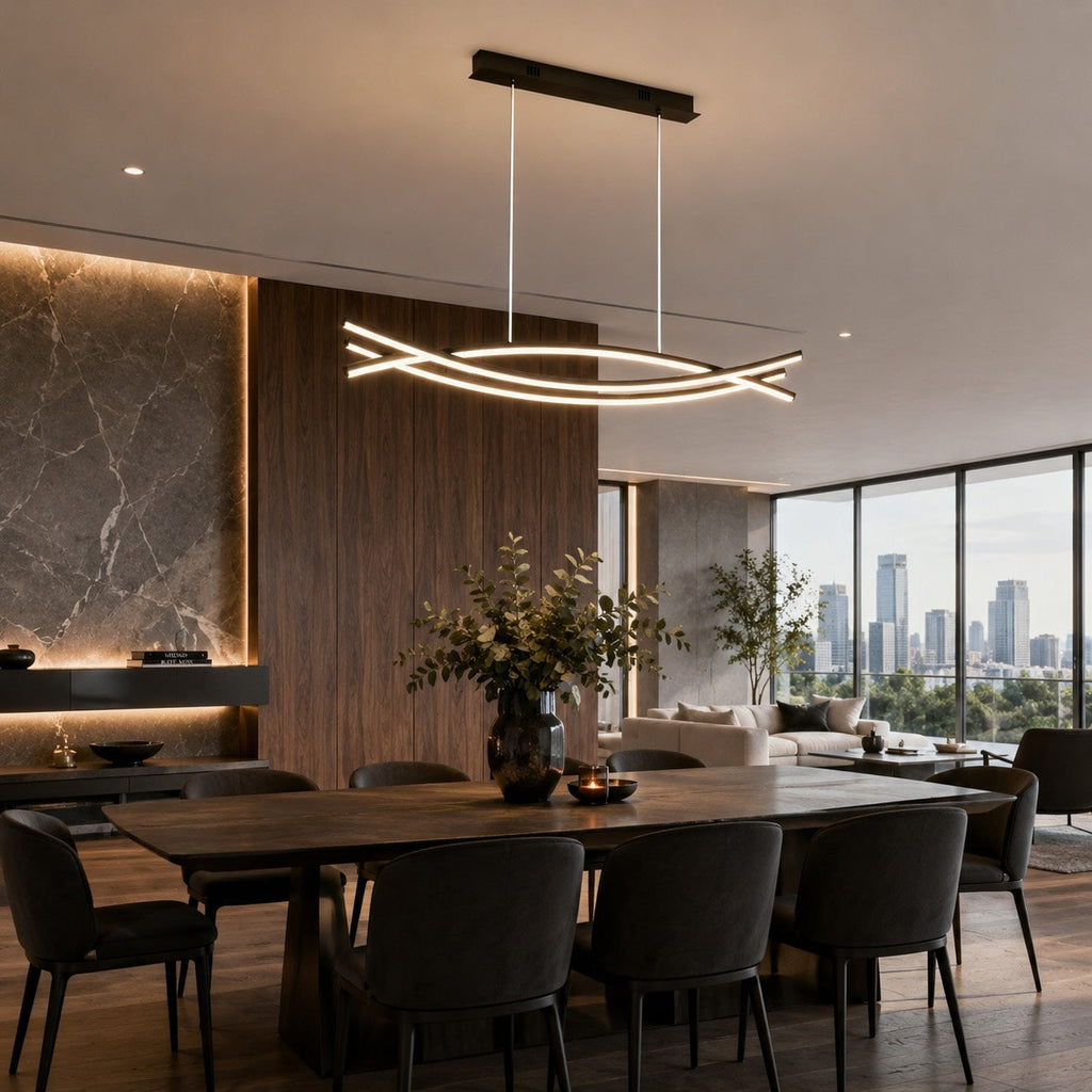 Modern Black Pendant Light Linear Hanging Aluminum LED Fixture with Adjustable Height Dimmable | ribuella