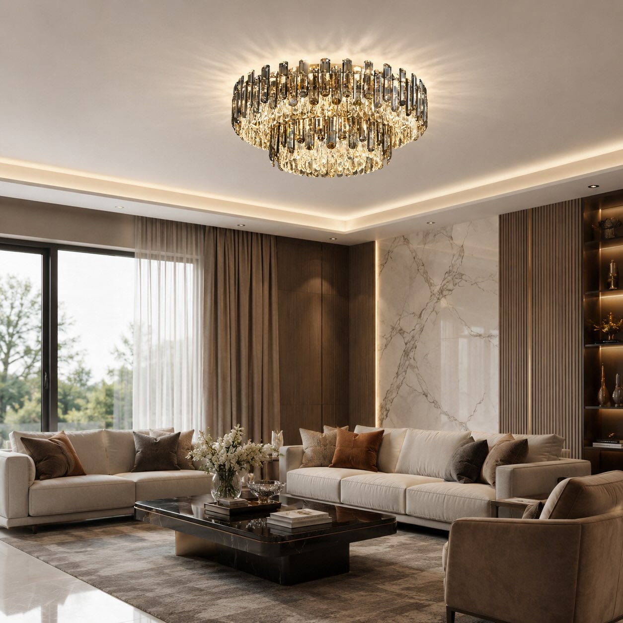 Modern Round Ceiling Light Chandelier with Crystal Accents Stainless Steel LED Adjustable Color Temperature | ribuella