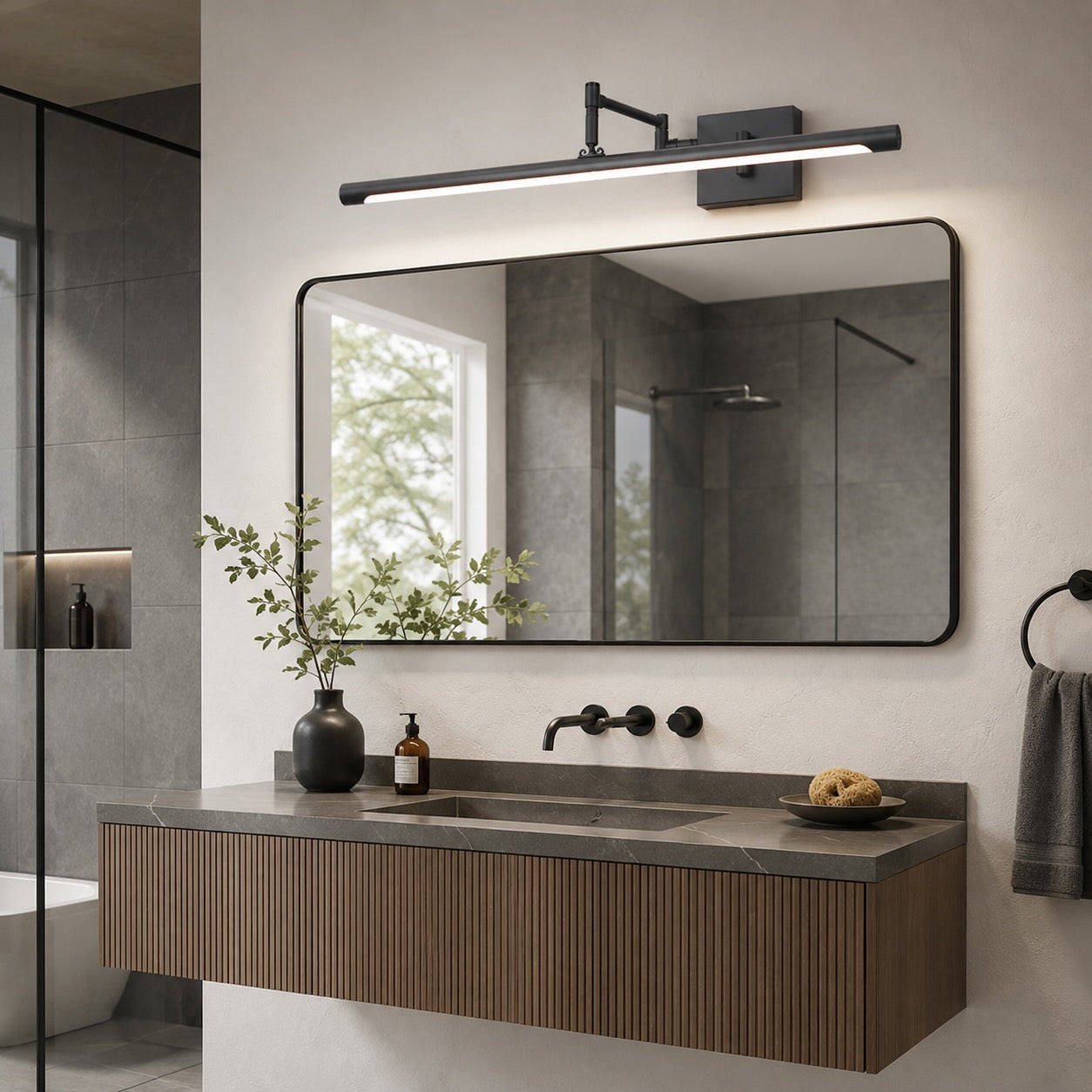 Moderne schwarze Bad-Wandleuchte für den Waschtisch, verstellbare Metallleuchte zur Wandmontage mit 20-W-LED | ribuella