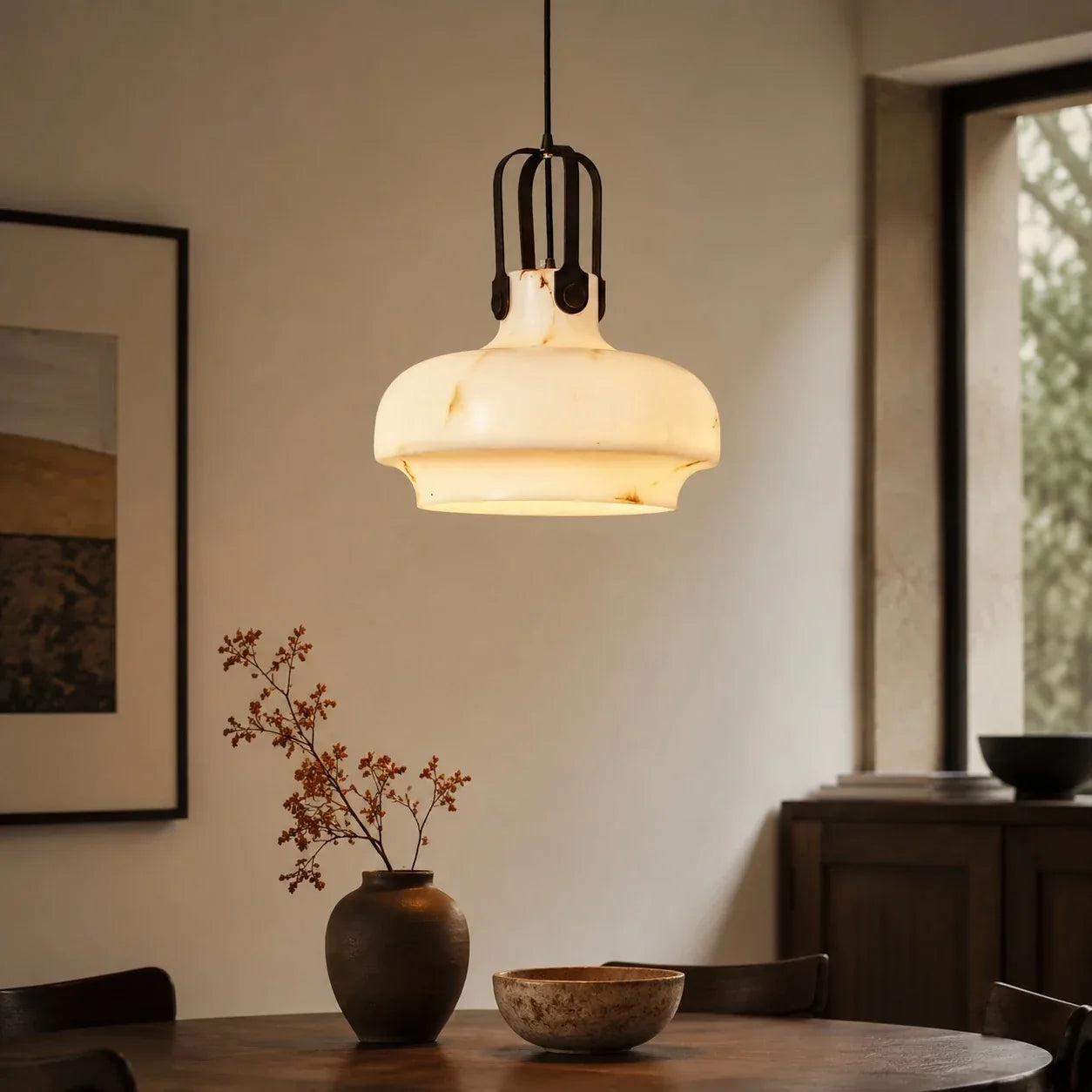 Round French Vintage Pendant Light, Faux Marble Shade, Cream Tone, Amber Veining