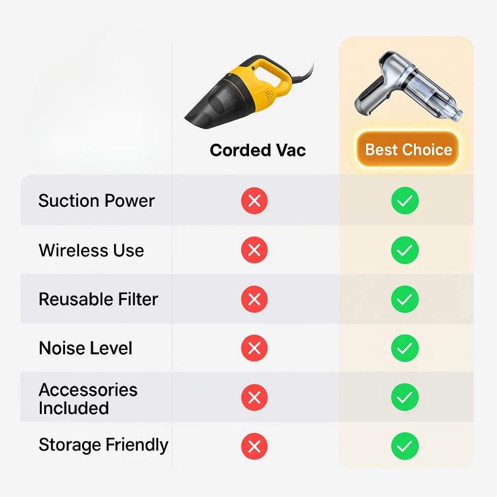 Aspirador de mão potente e sem fios para automóvel, design compacto, sucção de 95000Pa e bateria recarregável