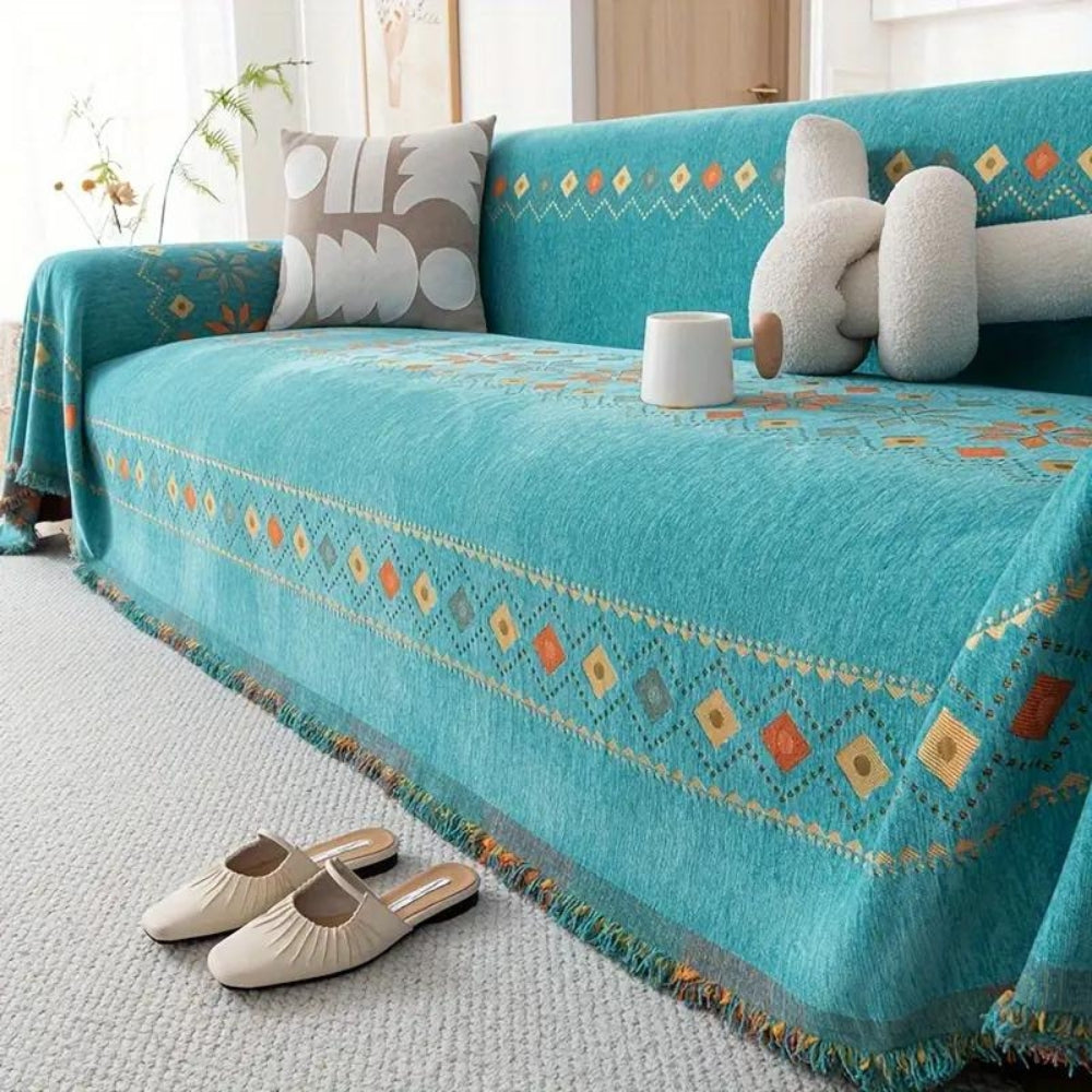 Boho-sofabetræk – elegant kvastkant og skridsikker bagside