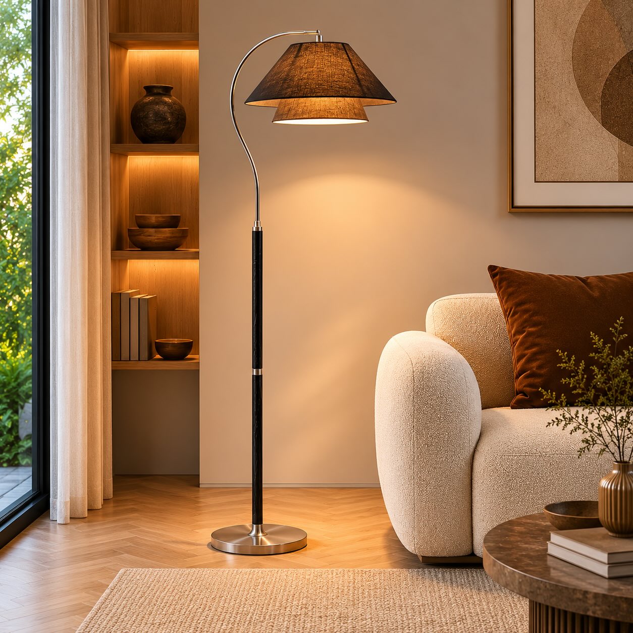 Moderní černá stojací lampa s nastavitelnou výškou, kovovou základnou a energeticky úsporným LED světlem | ribuella