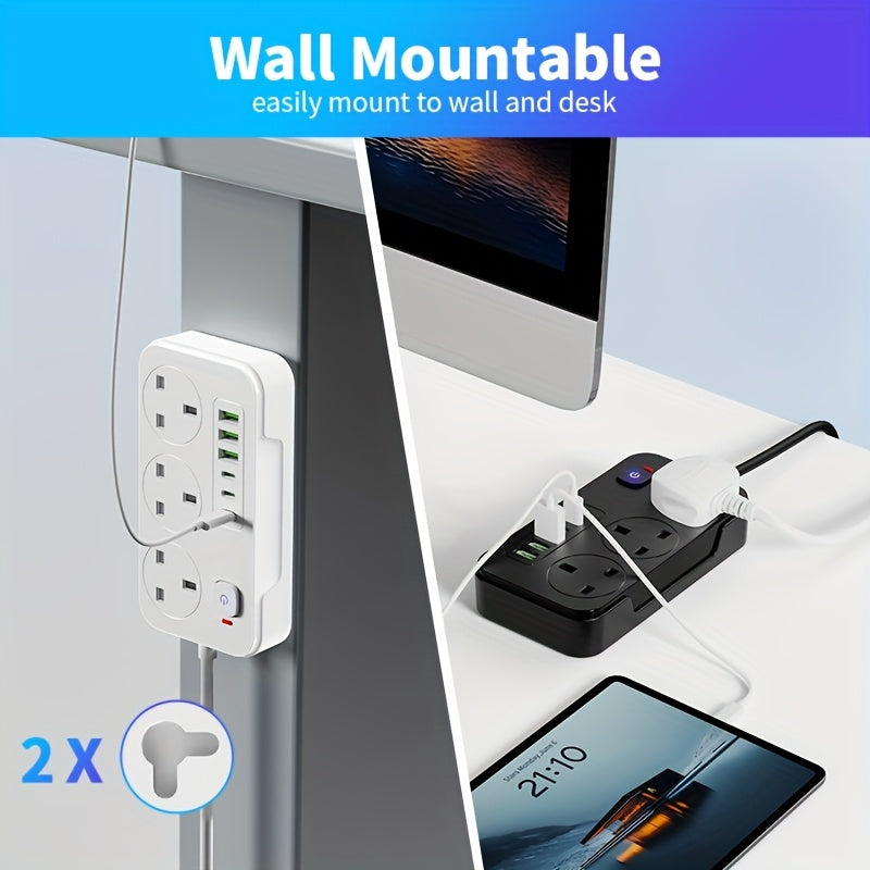 Ciabatta elettrica da 13A con 9 porte, 3 prese CA, 6 porte USB e cavo di prolunga da 2M
