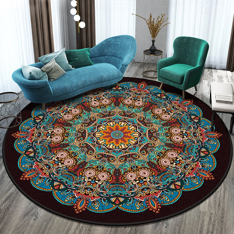 8 Foot Round Area Rug Concentric Geometric Mandala Pattern