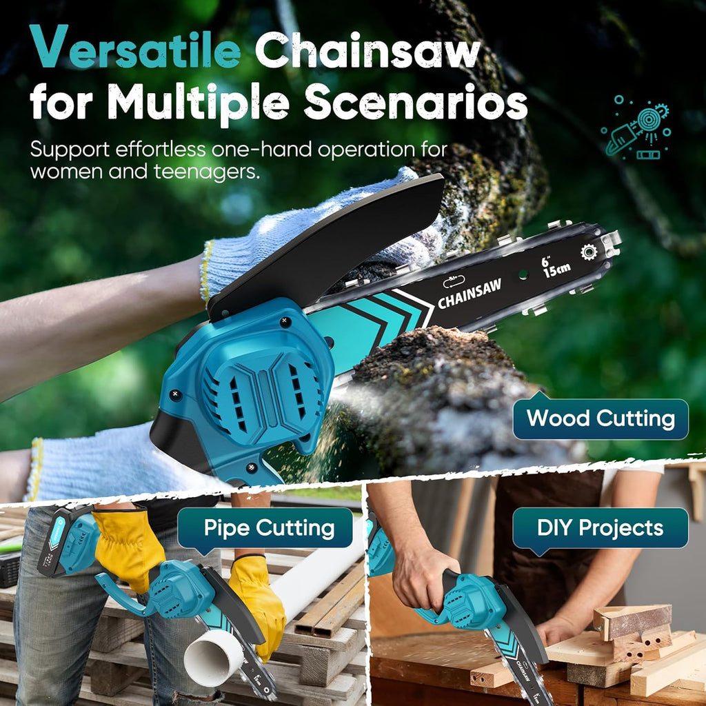 TimberCut 6-Inch Cordless Mini Chainsaw, LED Light, 21V Battery