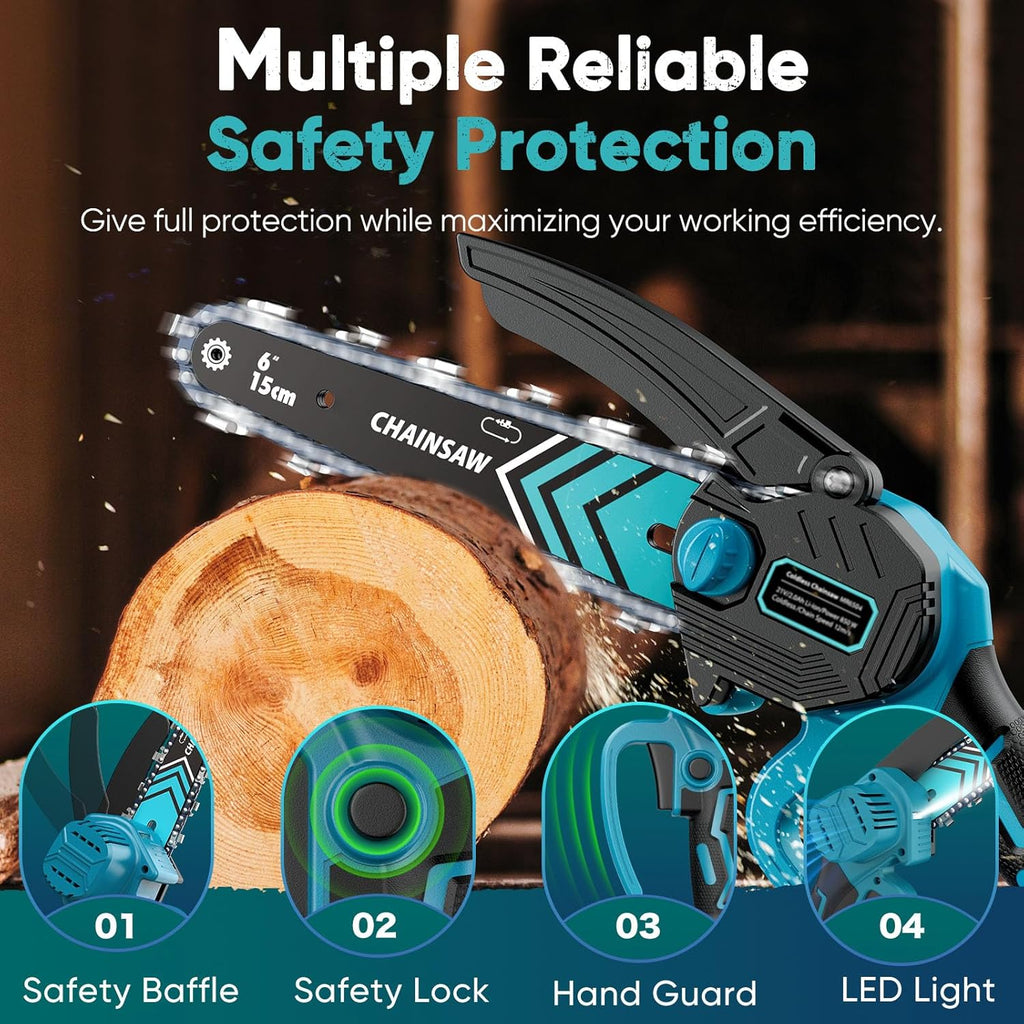 TimberCut 6-Inch Cordless Mini Chainsaw, LED Light, 21V Battery