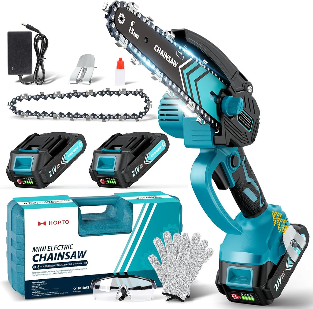 TimberCut 6-Inch Cordless Mini Chainsaw, LED Light, 21V Battery