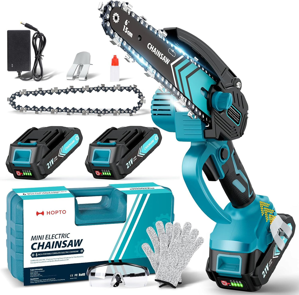 TimberCut 6-Inch Cordless Mini Chainsaw, LED Light, 21V Battery