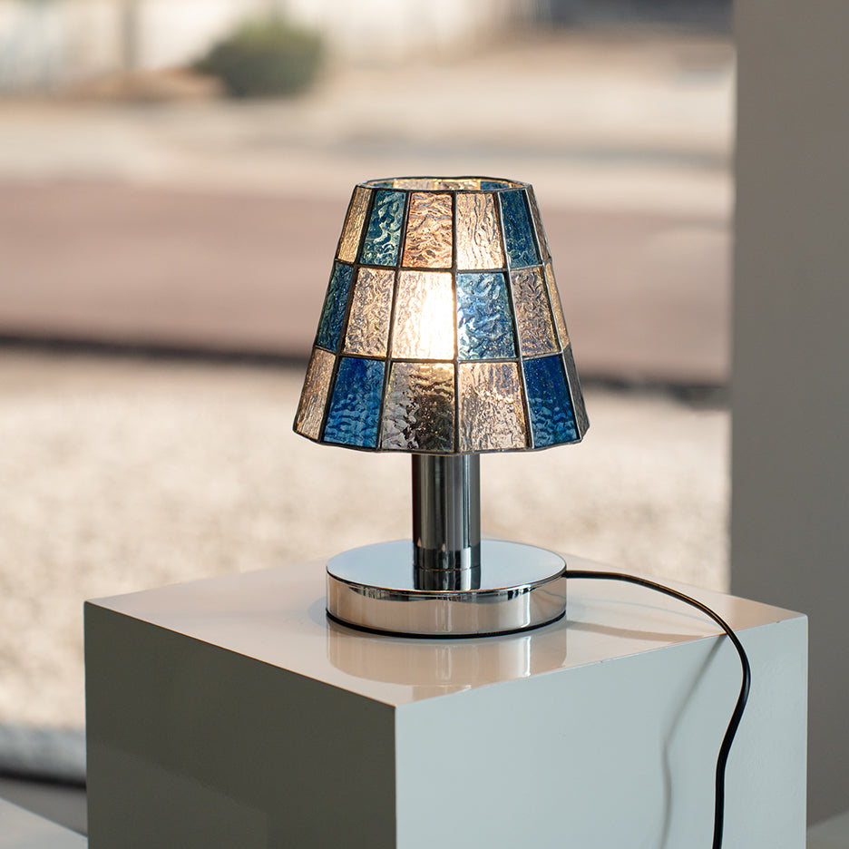 Fun Guy Table Lamp Contemporary Geometric Silhouette In Amber Blue And Clear Colors