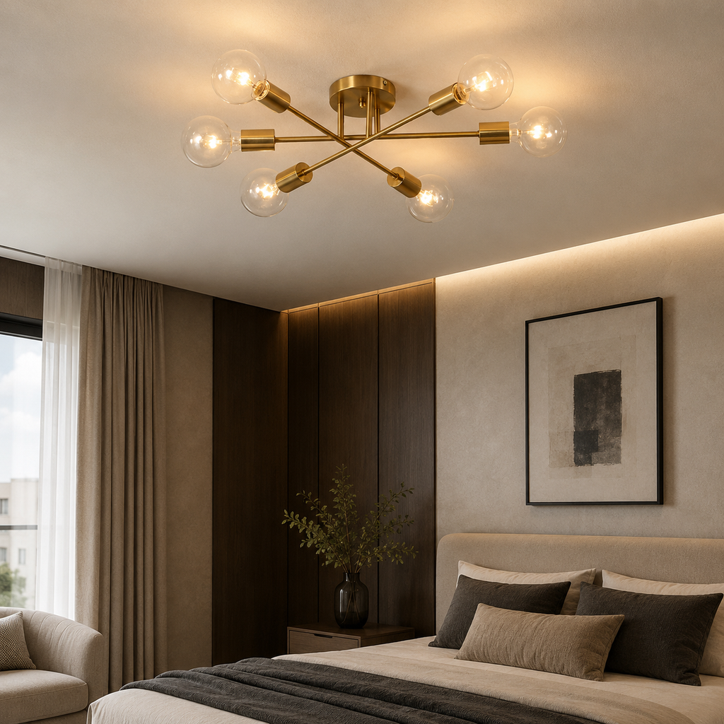 Moderní geometrické stropní svítidlo s kovovou základnou, LED a 6 žárovkami, průměr 28 Inch | ribuella