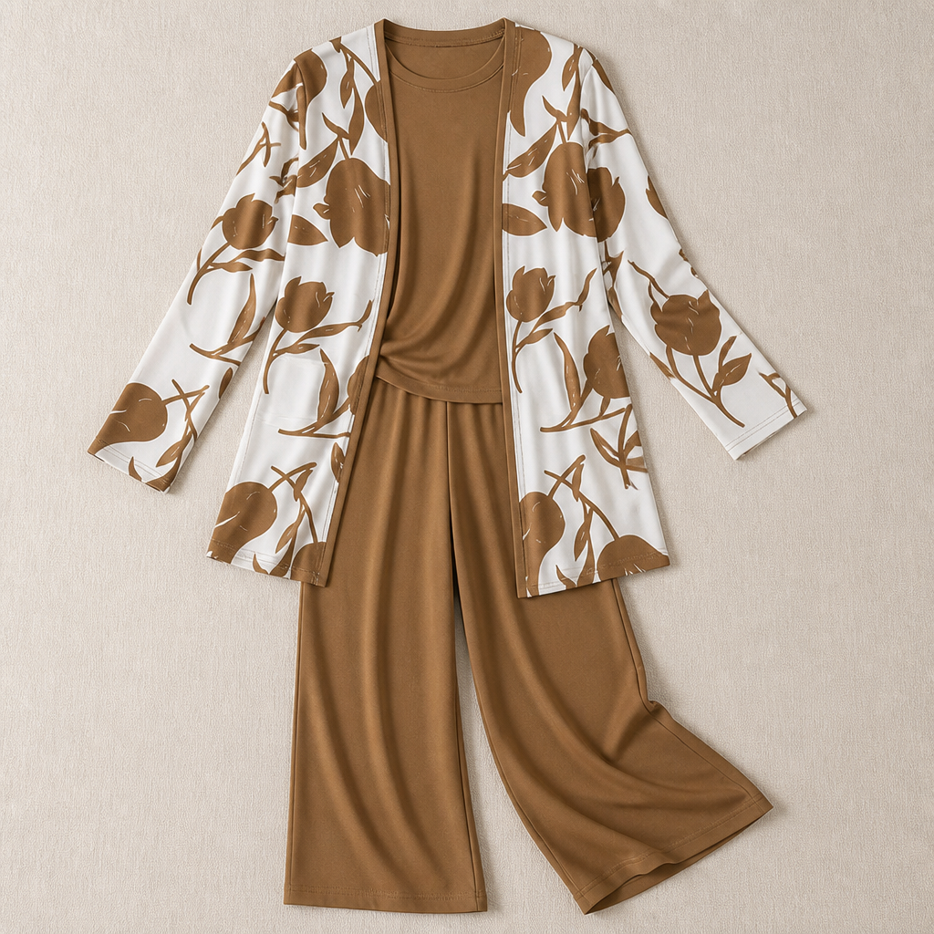 VelaLuxe – Elegant 3-Piece Set with Floral Cardigan & Wide-Leg Pants | ribuella