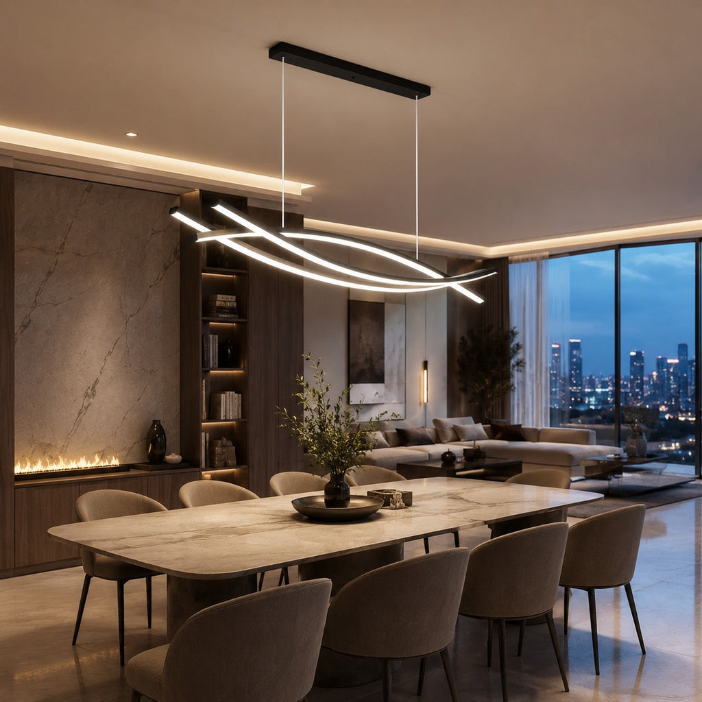 Modern Black Pendant Light Linear Hanging Aluminum LED Fixture with Adjustable Height Dimmable | ribuella