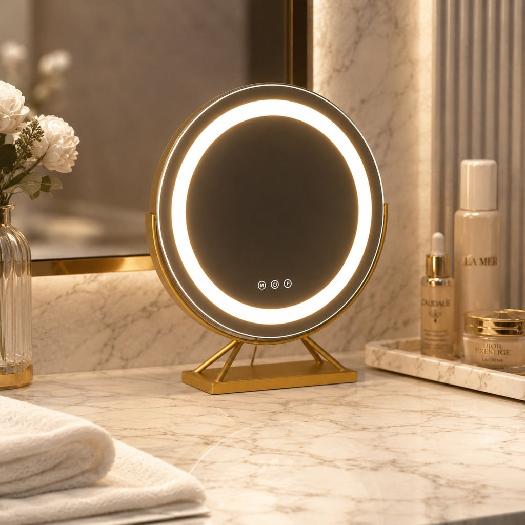 Dimmable Round Makeup Mirror with 15x Magnification and LED Lights for Vanity Desktop Use | ribuella