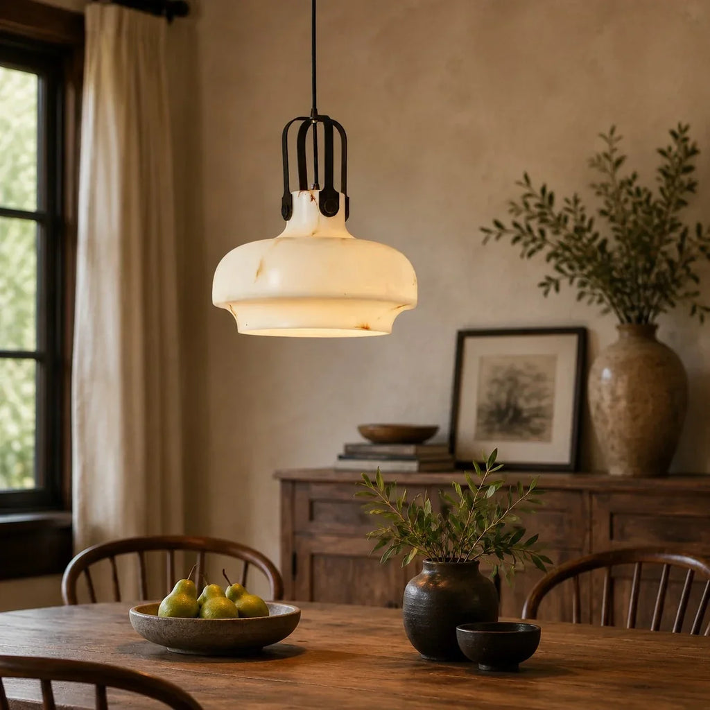 Round French Vintage Pendant Light, Faux Marble Shade, Cream Tone, Amber Veining