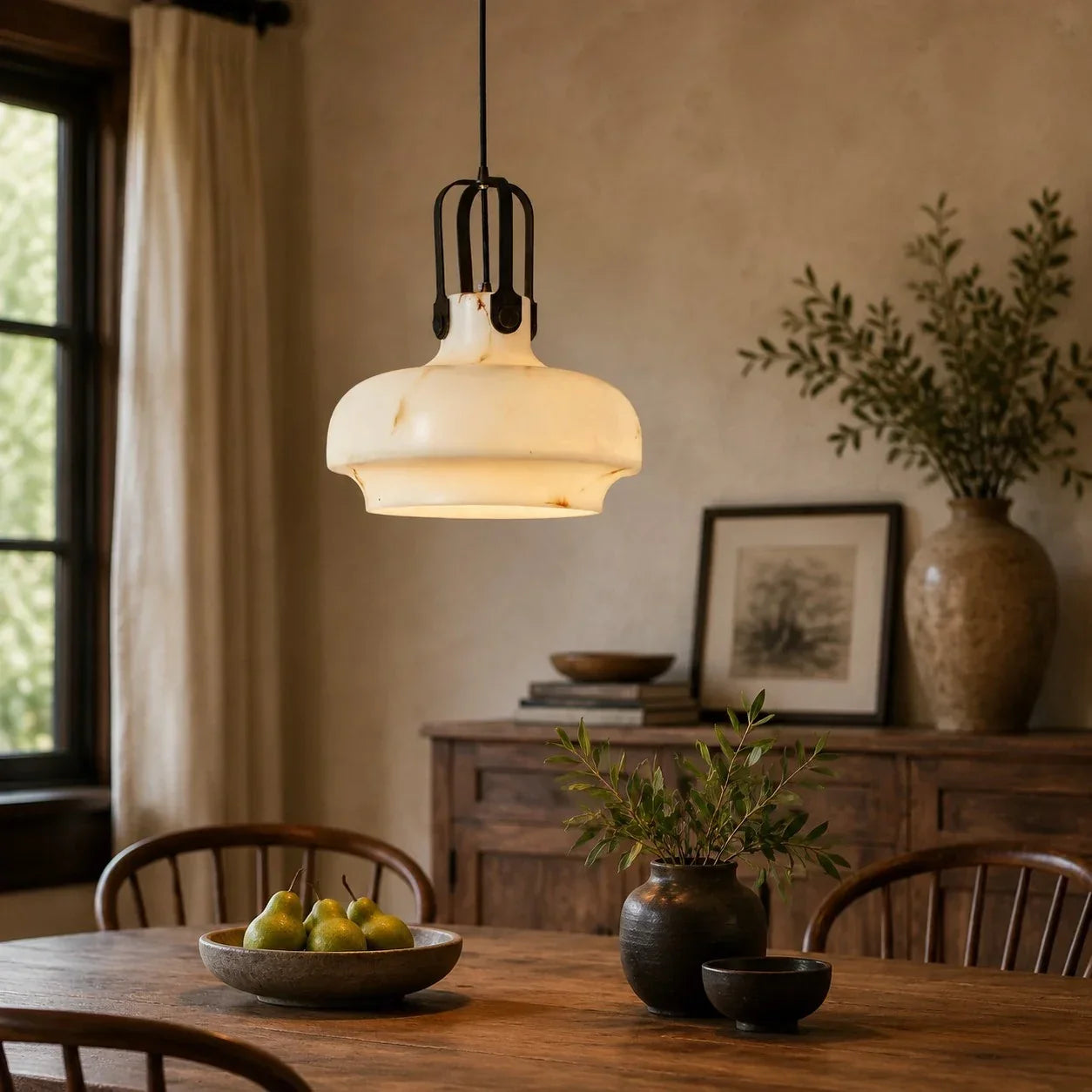 Round French Vintage Pendant Light, Faux Marble Shade, Cream Tone, Amber Veining