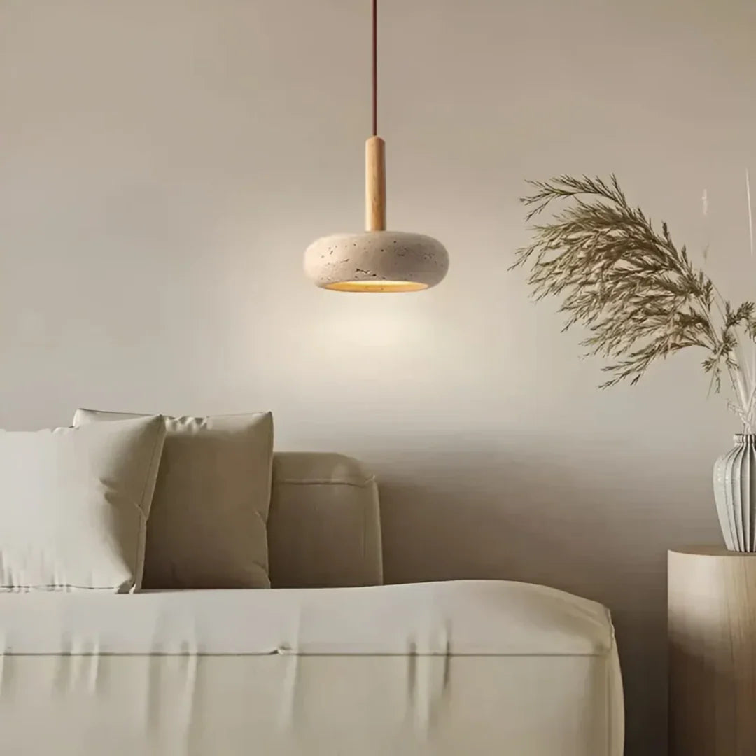 Travertine Hanging Light with Wooden Accent – Warm Glow, Adjustable Cord | ribuella
