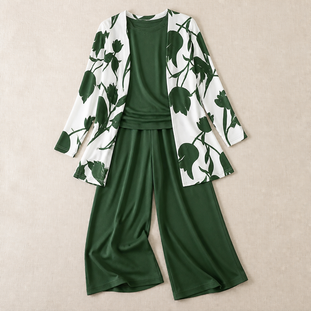 VelaLuxe – Elegant 3-Piece Set with Floral Cardigan & Wide-Leg Pants | ribuella