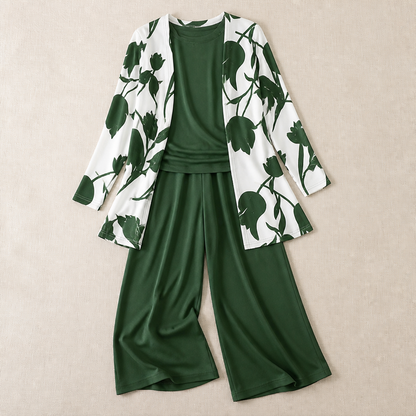 VelaLuxe – Elegant 3-Piece Set with Floral Cardigan & Wide-Leg Pants | ribuella