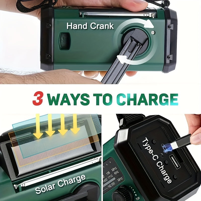 Survival Radio with 10,000 mAh Battery - Solar, Hand Crank & USB-C Charging - LED Torch, SOS Alert & Navigation | ribuella