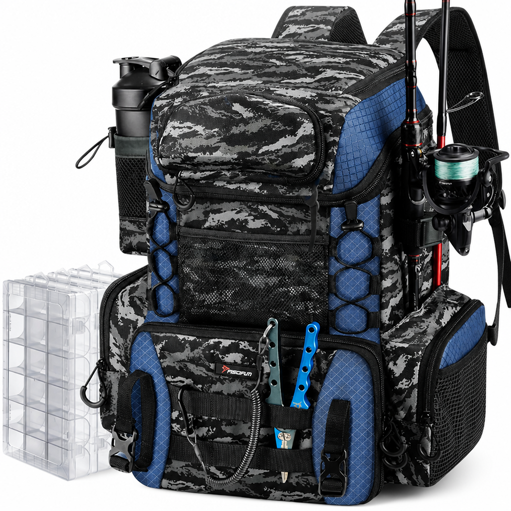 Rod Holders & Ergonomic Fishing Tackle Backpack (Includes 4 Utility Boxes) | ribuella