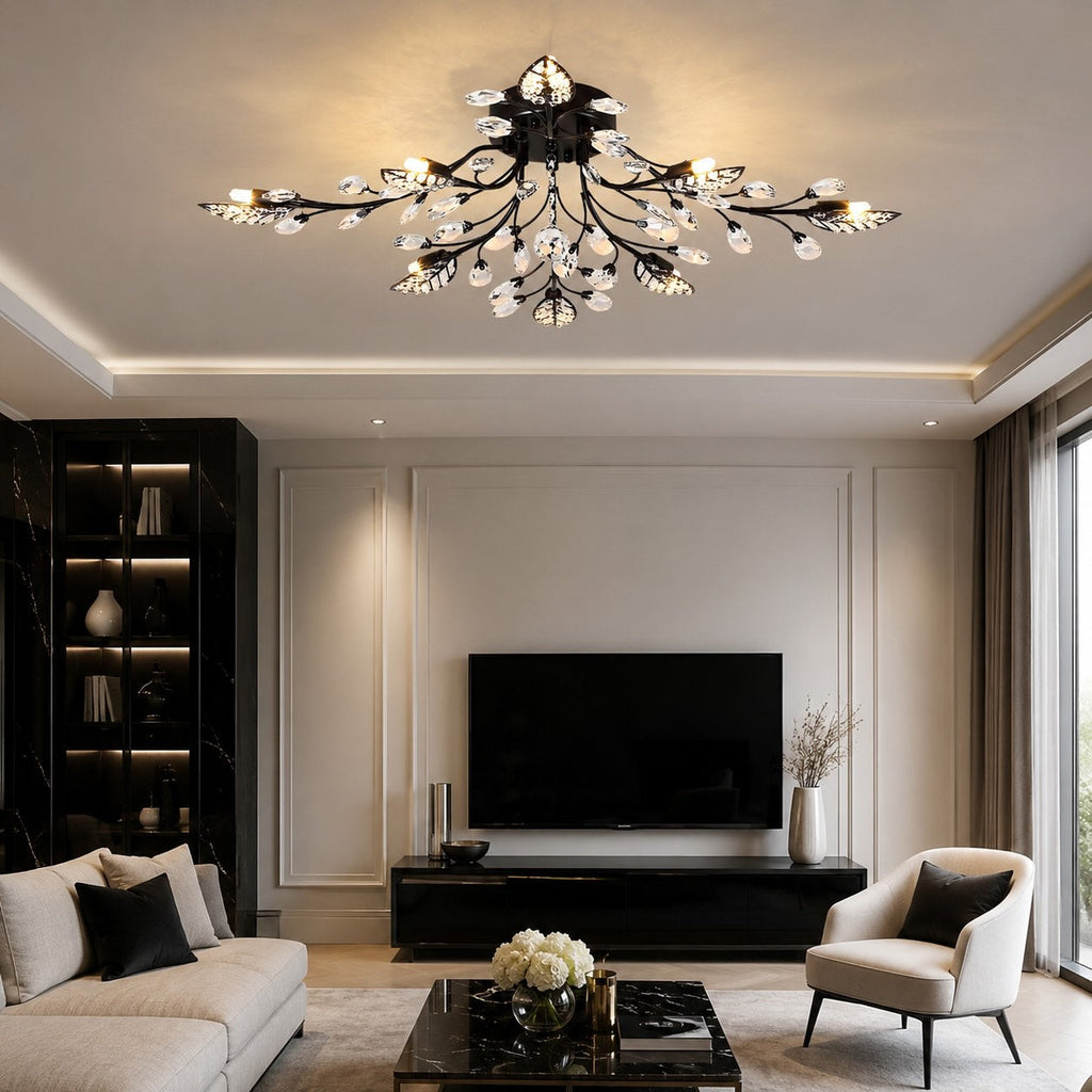 Modern Crystal Chandelier Semi-Flush Mount Iron 8-Light LED Fixture with Elegant Leaf Design | ribuella