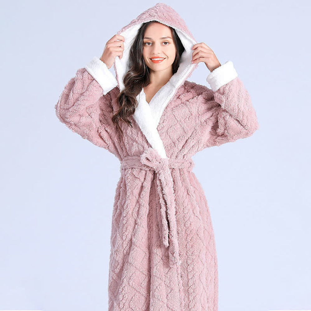 Long Warm Hooded Plush Dressing Gown — Practical Pockets Windproof Robe