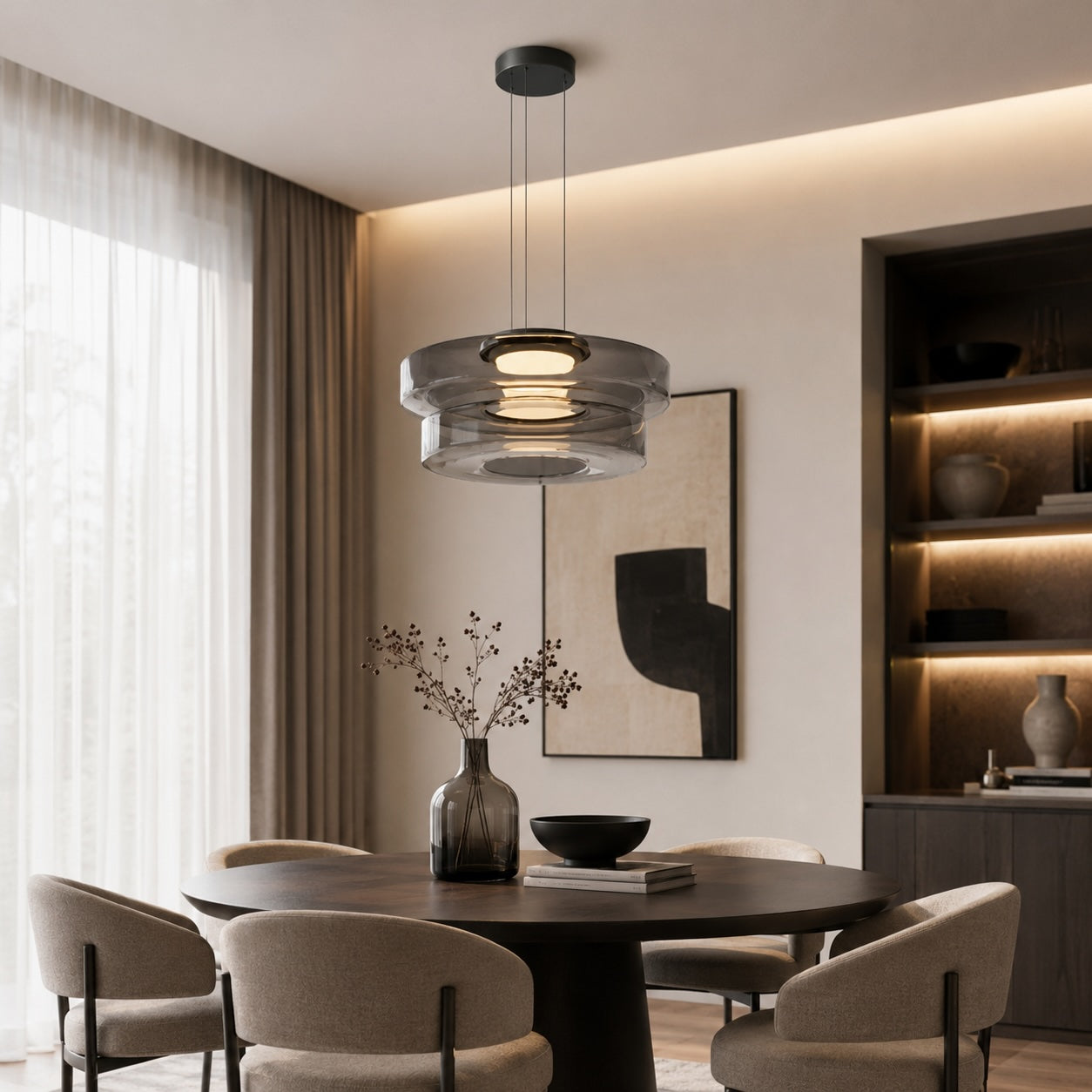 Modern Glass Pendant Light Hanging Fixture with Adjustable Height Dimmable LED and Iron Finish | ribuella