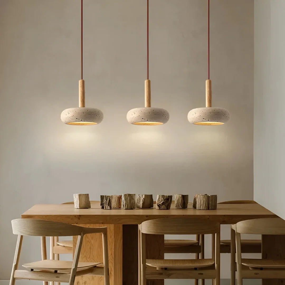 Travertine Hanging Light with Wooden Accent – Warm Glow, Adjustable Cord | ribuella