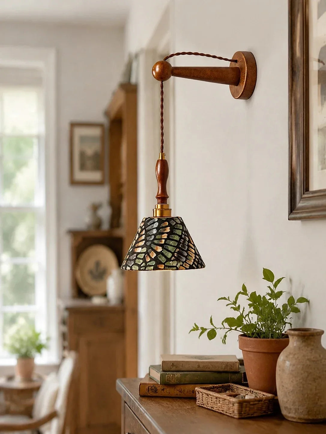 French Vintage Wall Sconce, Patterned Fabric Shade, Turned Wood Arm